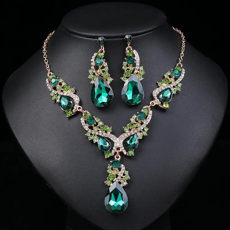 3pcs Gem Necklace Earrings Set Vintage Charm String Bride Wedding Banquet Jewelry 9249-2