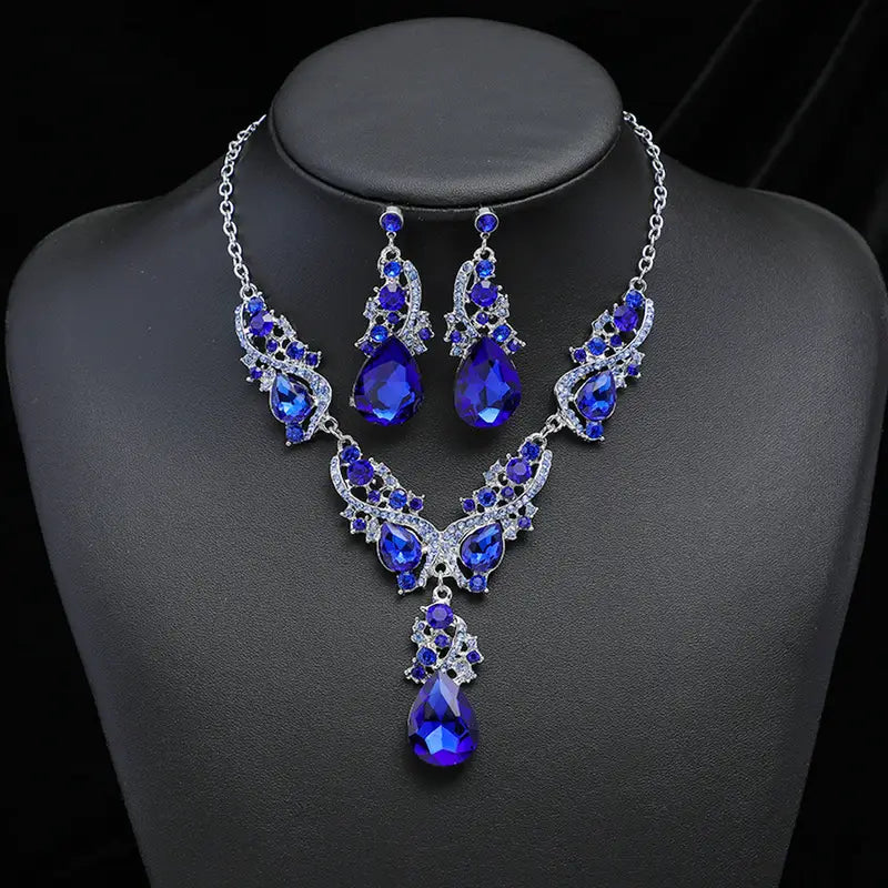 3pcs Gem Necklace Earrings Set Vintage Charm String Bride Wedding Banquet Jewelry 9249-3
