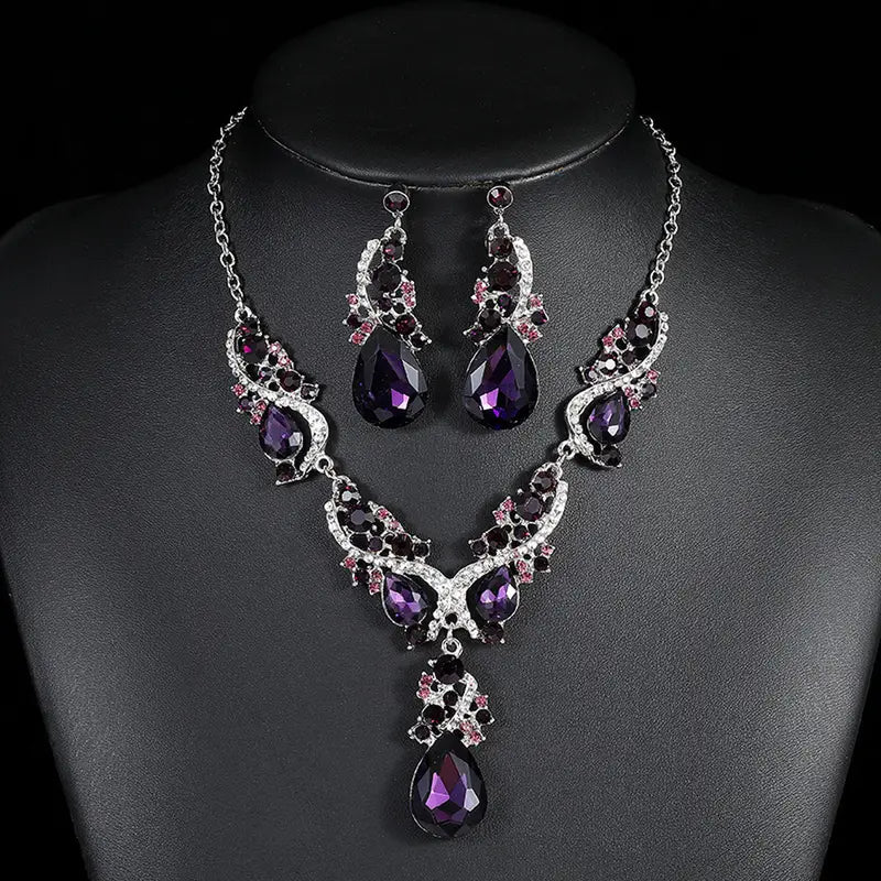 3pcs Gem Necklace Earrings Set Vintage Charm String Bride Wedding Banquet Jewelry 9249