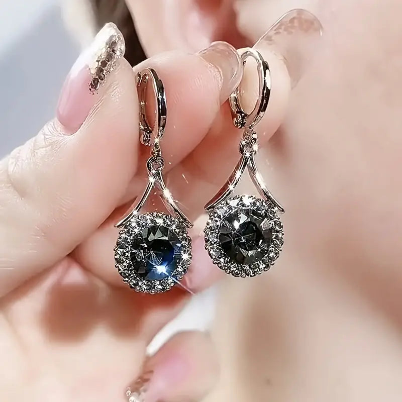Elegant French-Inspired Cubic Zirconia Drop Earrings - Luxurious Sparkle for Women, Perfect for Weddings & Parties (Silvery Black)
