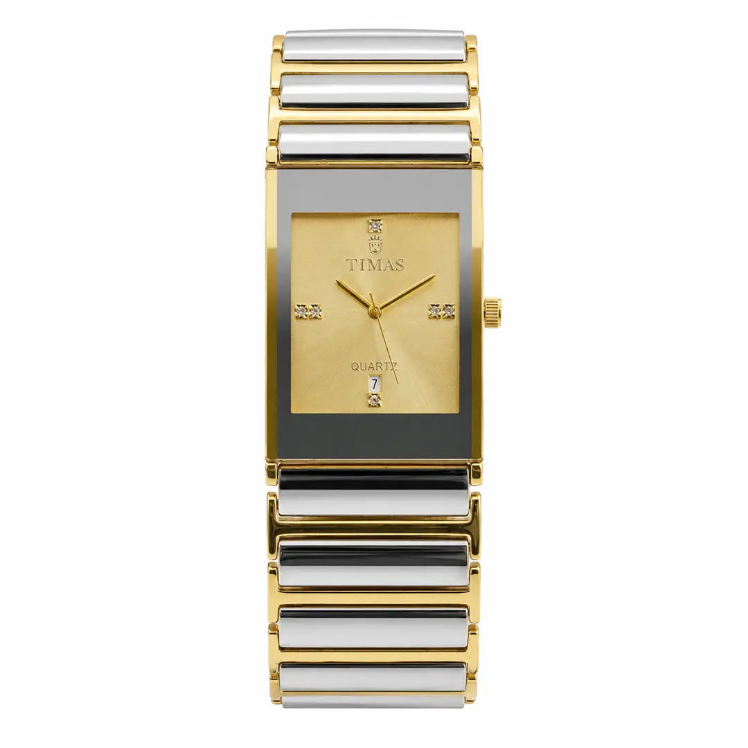 Timas Luxe Ceramic Series (Quartz) | Premium Minimalist Square Watch with Diamond-Cut Accents Silver and Gold