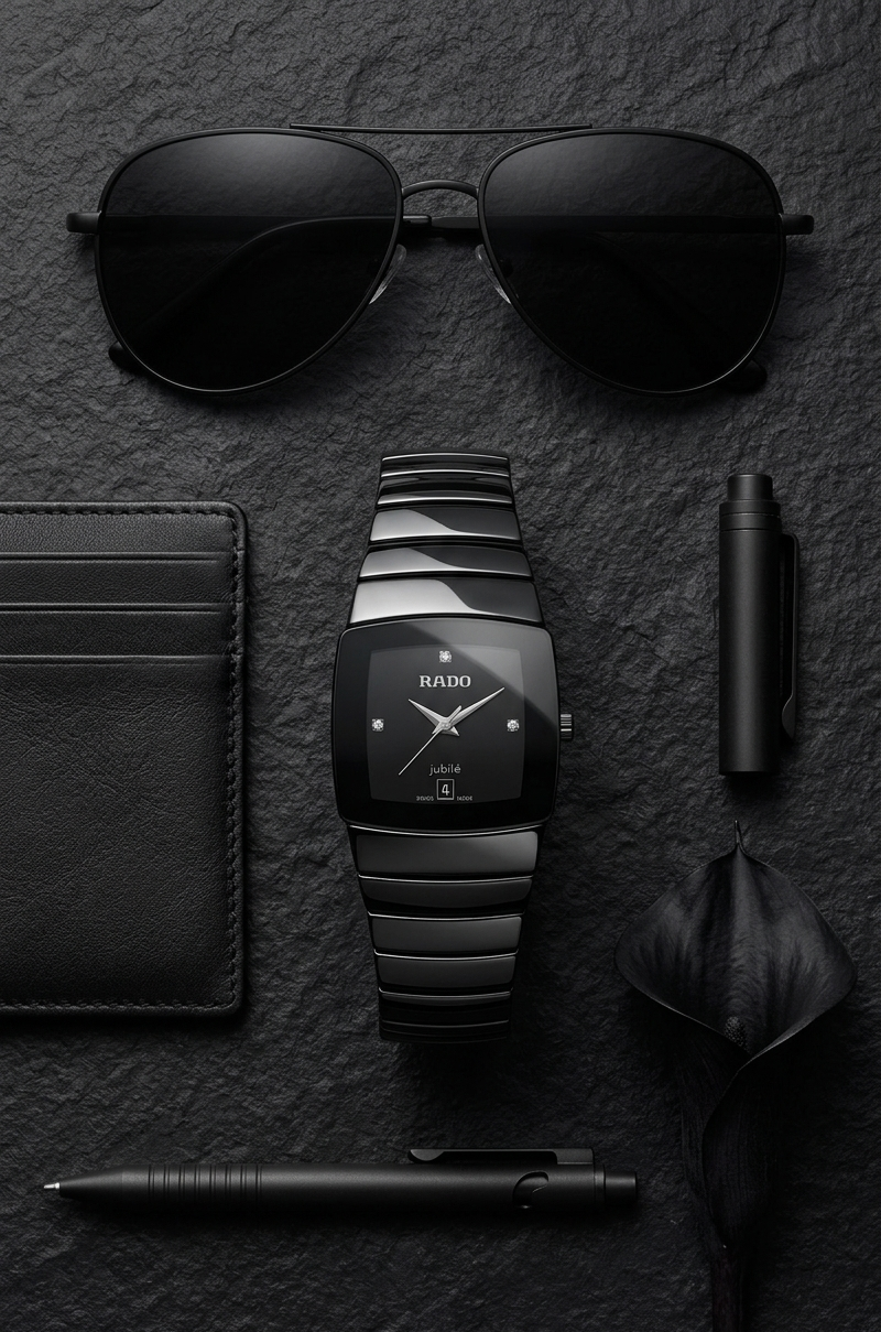 Men's All-Black High-Gloss Watch – Ceramic Look with Diamond Dial