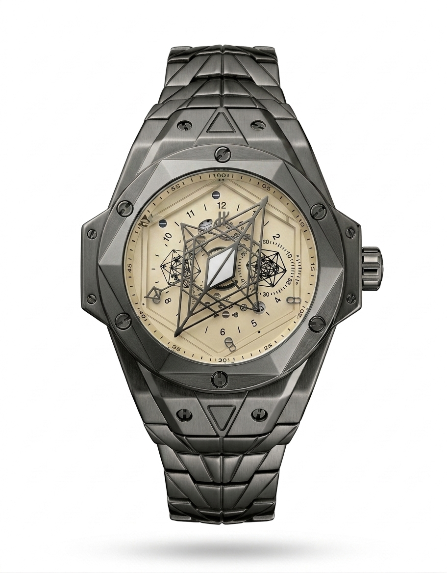 The Sacred Geometry Luxury Sport Chrono – Brushed Silver Stainless Steel Octagonal Watch with Intricate Engraved Cream Dial