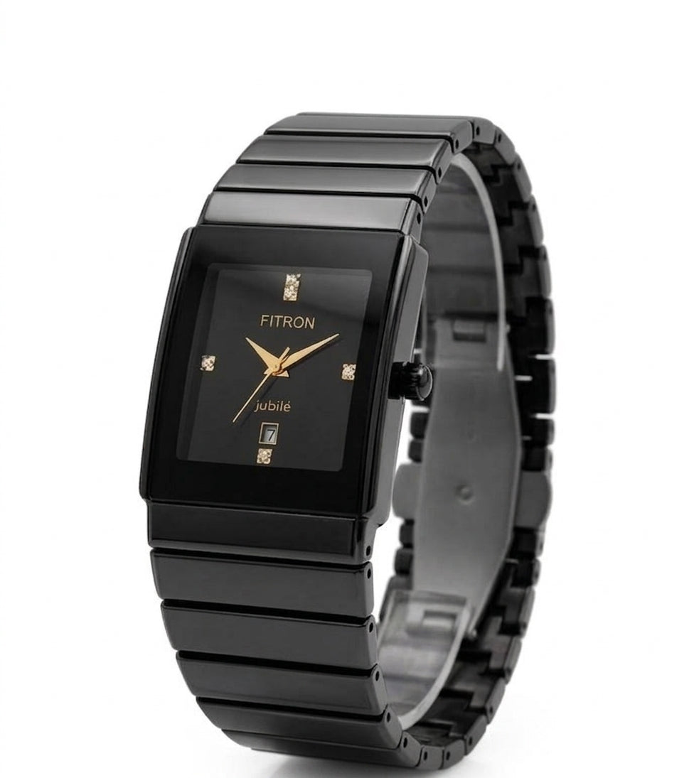 FITRON Black Ceramic Jubilé Men's Watch – Diamond Studded Dial, Gold Accents