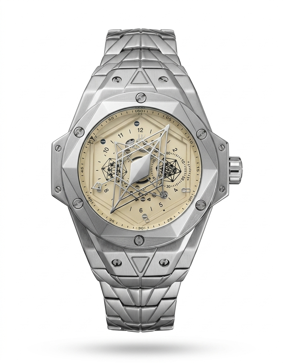 The Sacred Geometry Luxury Sport Chrono – Brushed Silver Stainless Steel Octagonal Watch with Intricate Engraved Cream Dial