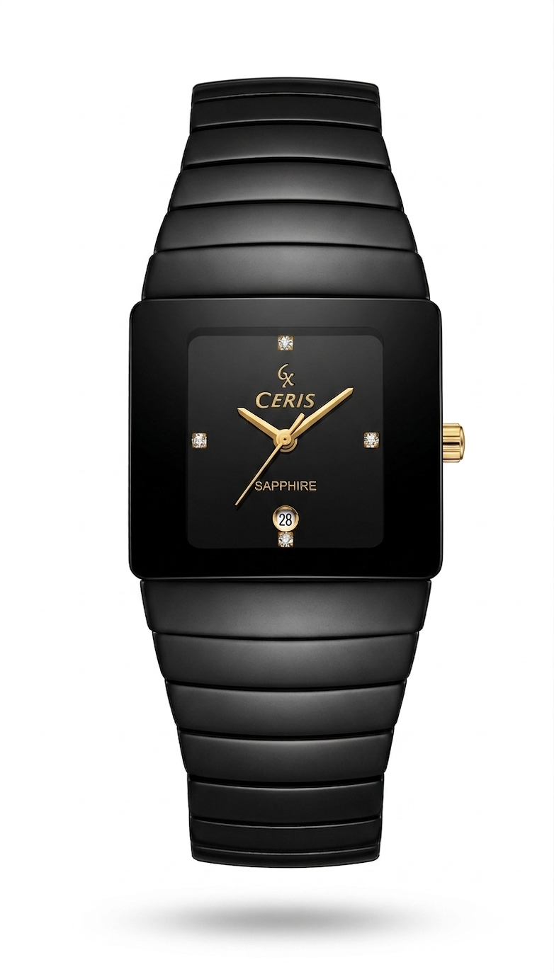 Cerix Modern Square High-Tech Black Ceramic Watch – Gold Accents & Sapphire Crystal