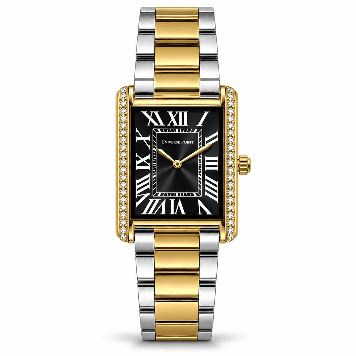 Universe Point Rectangular Quartz Watch with Crystal Flanks & Roman Numeral Dial Black/Dual Tone