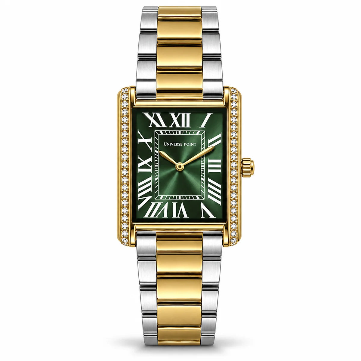 Universe Point Rectangular Quartz Watch with Crystal Flanks & Roman Numeral Dial Green/Dual Tone