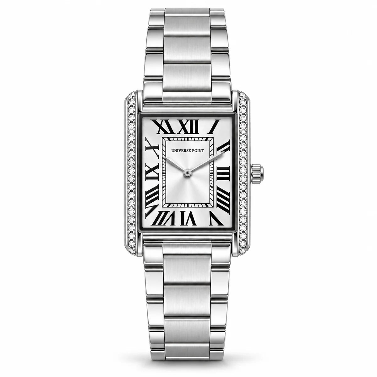 Universe Point Rectangular Quartz Watch with Crystal Flanks & Roman Numeral Dial Silver