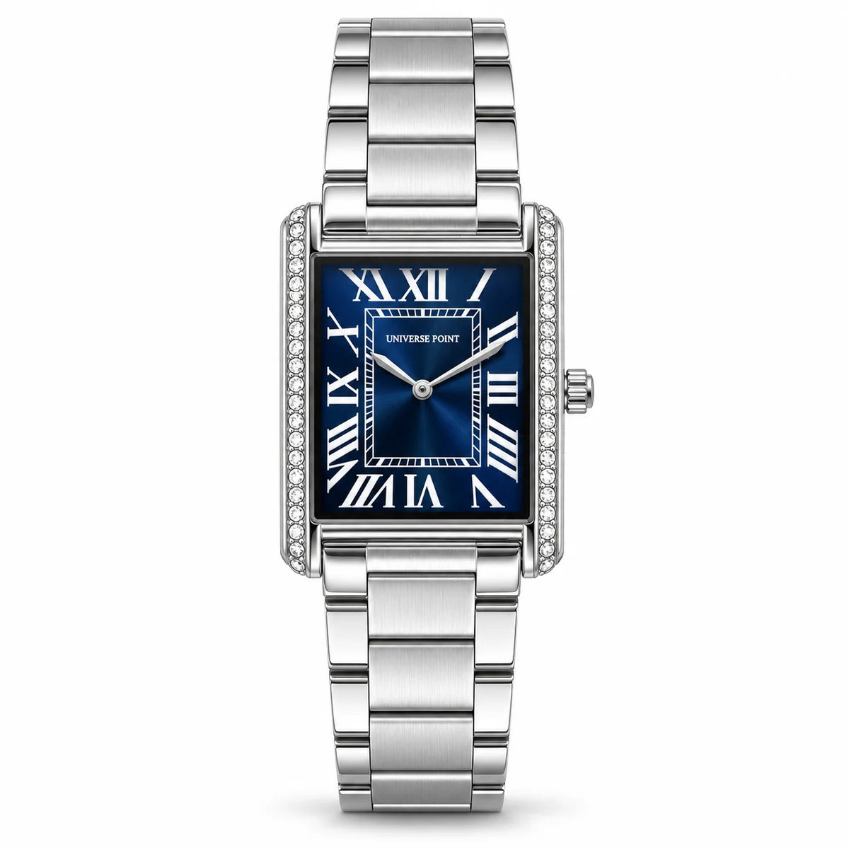Universe Point Rectangular Quartz Watch with Crystal Flanks & Roman Numeral Dial Silver/Blue