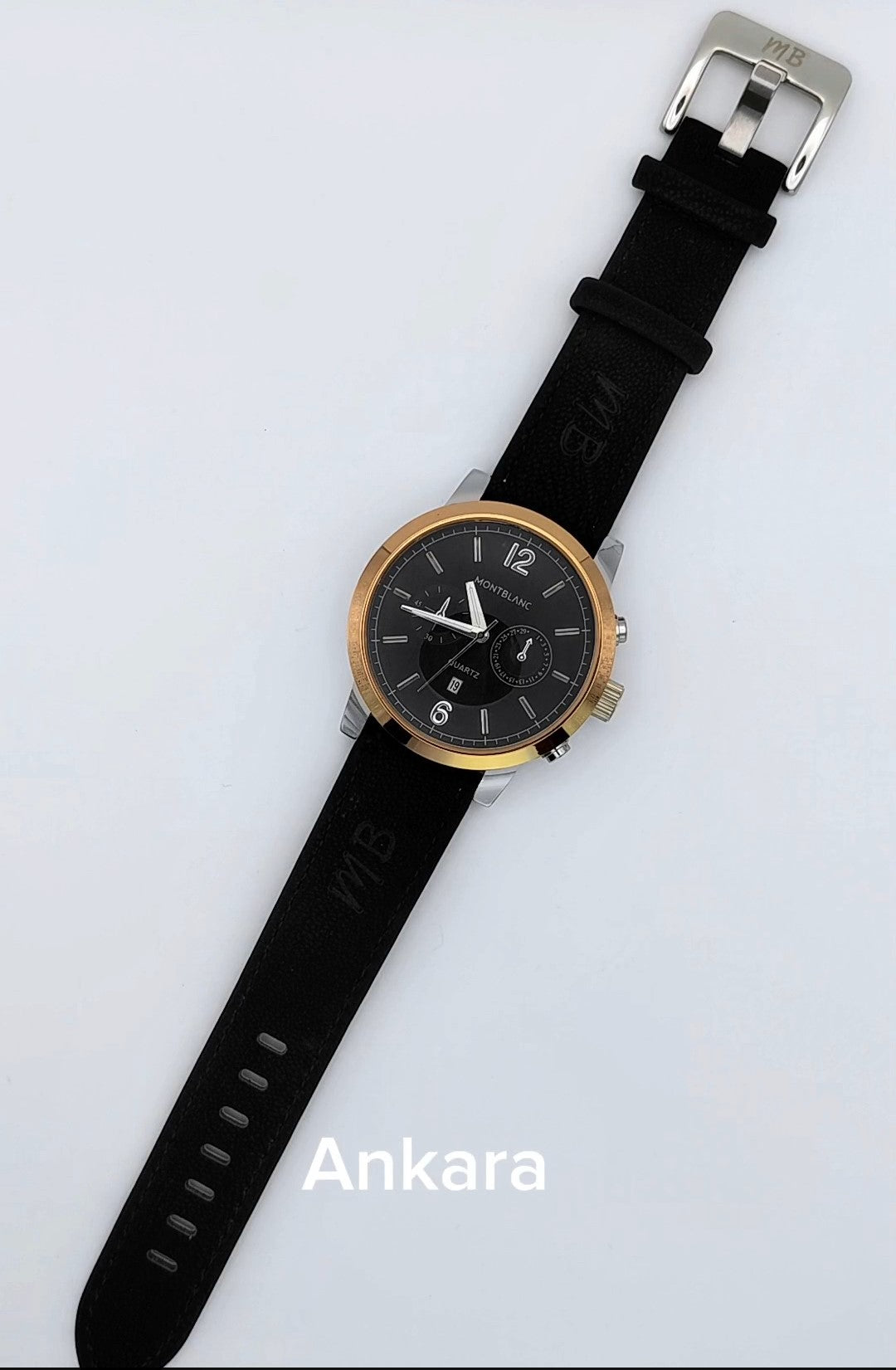 MB Gold Ring Black Strap Watch