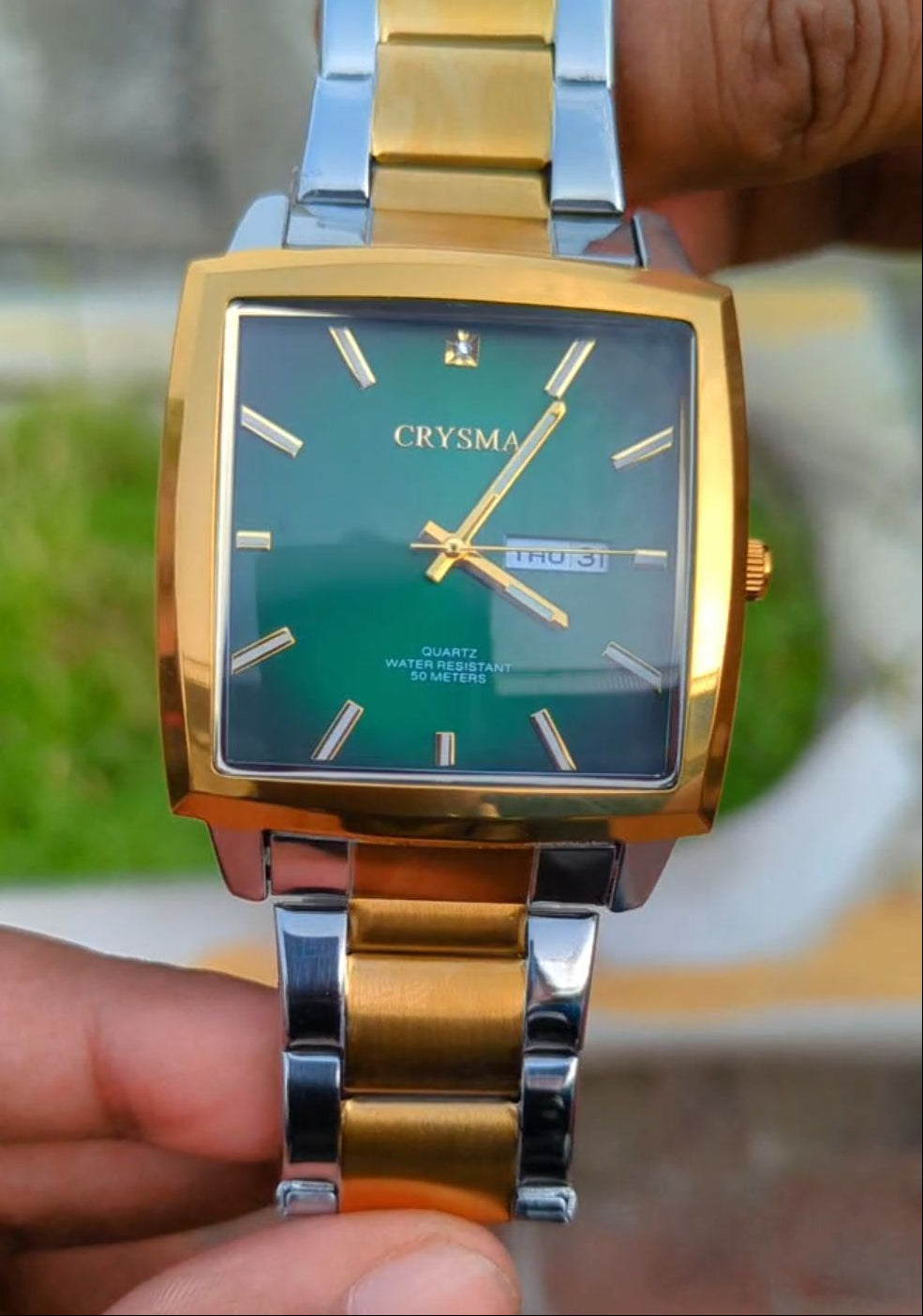 PREMIUM Square Dial Men Fashionable Chain Watch in DUAL TONE Green Dial