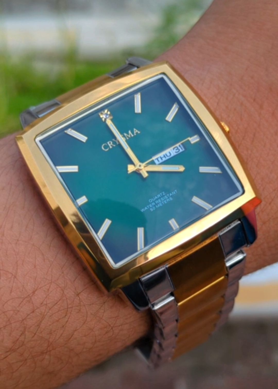 PREMIUM Square Dial Men Fashionable Chain Watch in DUAL TONE Green Dial