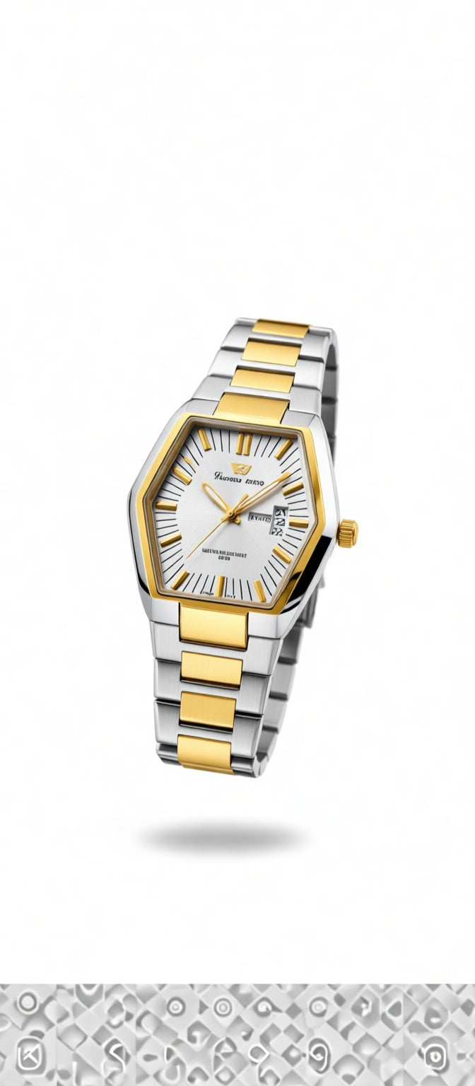 The Executive Series: Two-Tone Hexagon Watch with Silver Sunburst Dial