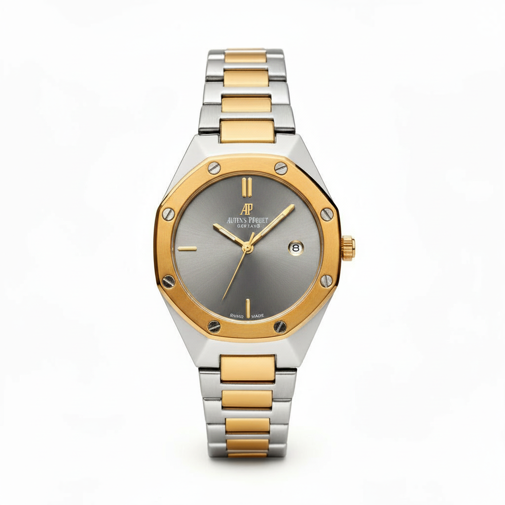 Premium Luxury Two-Tone Grey Dial Gold & Silver Men’s Watch – Classic Royal Design with Date Display
