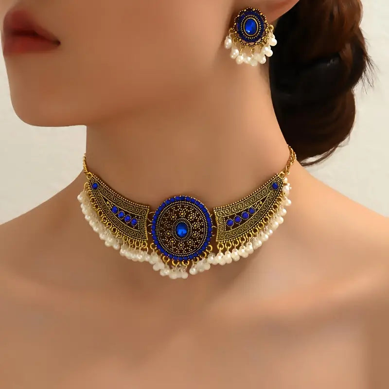 ANKAAARA"S Bollywood Style 1 Pair Of Earrings + 1 Choker Vintage Jewelry Set Tribal Design 14k Gold Plated Inlaid Rhinestone Red Or Blue Make Your Call Match Daily Outfits