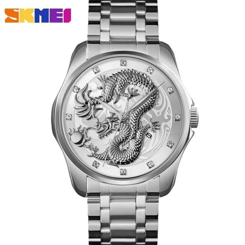 SKM New Luxury Chinese Dragon Pattern Men Golden Quartz Watch Male Watches Waterproof Wristwatches Relogio Masculino