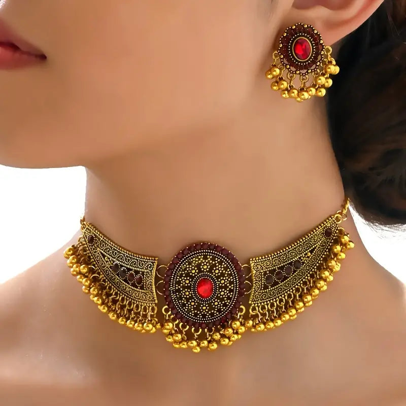 ANKAAARA"S Bollywood Style 1 Pair Of Earrings + 1 Choker Vintage Jewelry Set Tribal Design 14k Gold Plated Inlaid Rhinestone Red Or Blue Make Your Call Match Daily Outfits