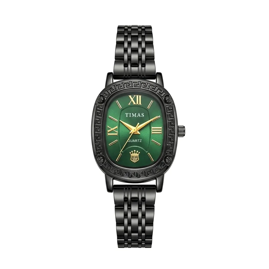 TIMAS Oval Greek Key Bezel Edition | Roman Numeral Metallic Bracelet Quartz Watch