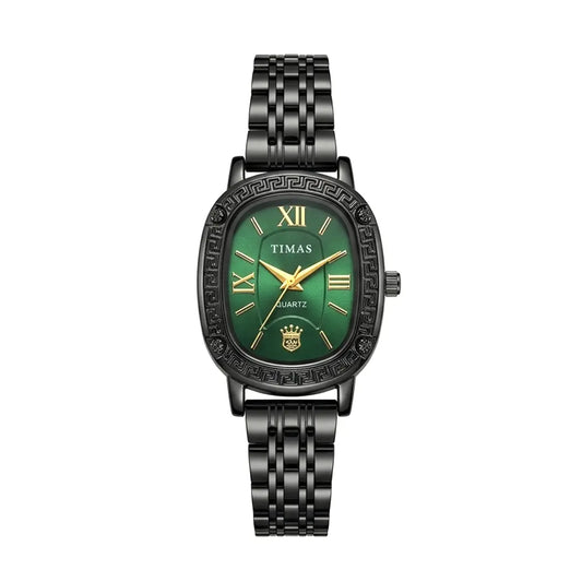 TIMAS Oval Greek Key Bezel Edition | Roman Numeral Metallic Bracelet Quartz Watch