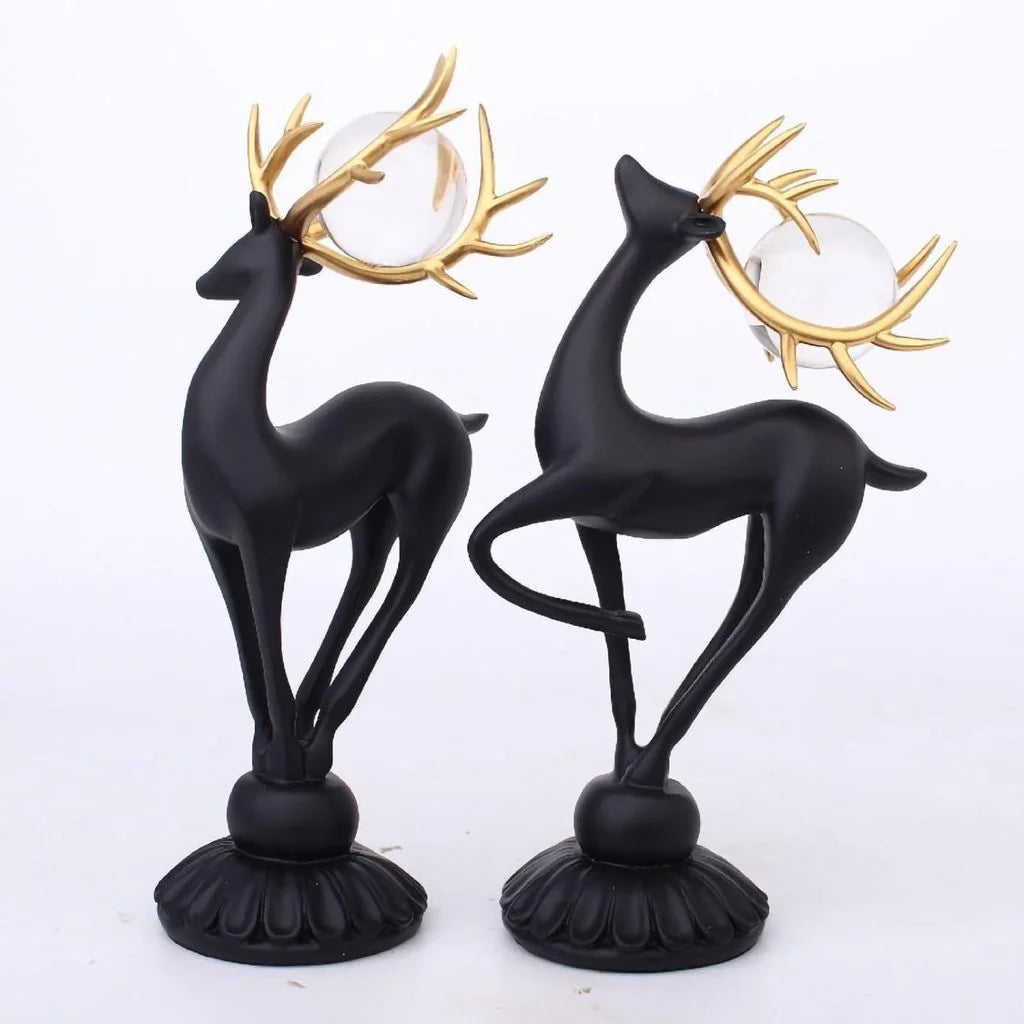Resin Deer Statue sculpture set with crystal balls Black