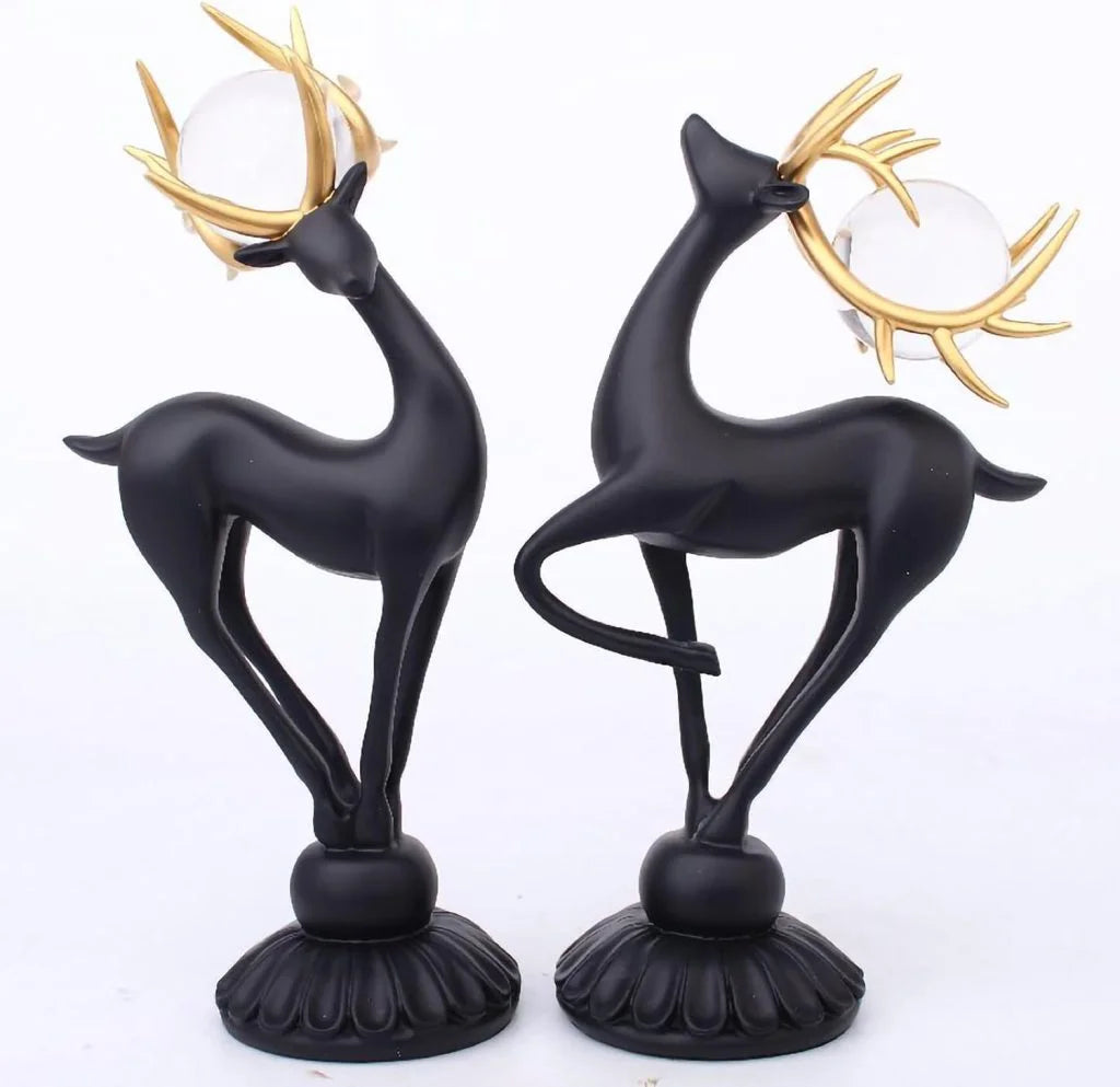 Resin Deer Statue sculpture set with crystal balls Black