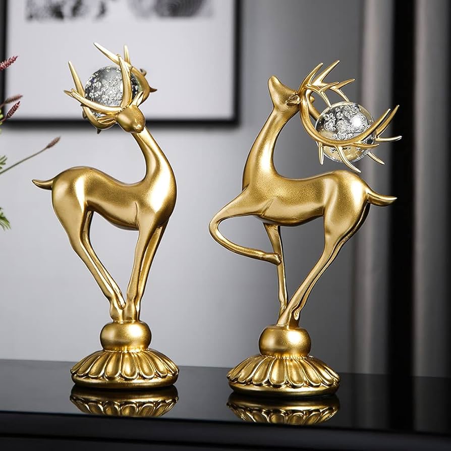 Resin Deer Statue sculpture set with crystal balls Black Gold