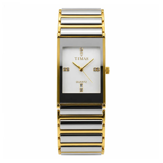 Timas Luxe Ceramic Series (Quartz) | Premium Minimalist Square Watch with Diamond-Cut Accents Silver and Gold