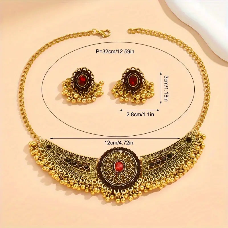 ANKAAARA"S Bollywood Style 1 Pair Of Earrings + 1 Choker Vintage Jewelry Set Tribal Design 14k Gold Plated Inlaid Rhinestone Red Or Blue Make Your Call Match Daily Outfits