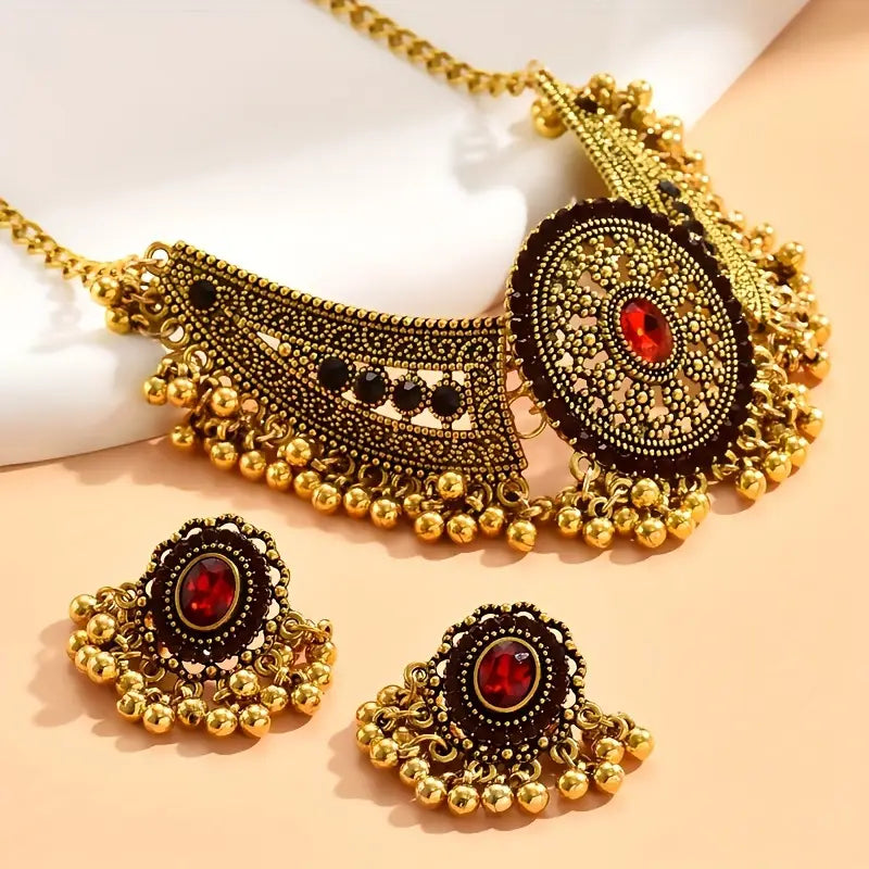 ANKAAARA"S Bollywood Style 1 Pair Of Earrings + 1 Choker Vintage Jewelry Set Tribal Design 14k Gold Plated Inlaid Rhinestone Red Or Blue Make Your Call Match Daily Outfits