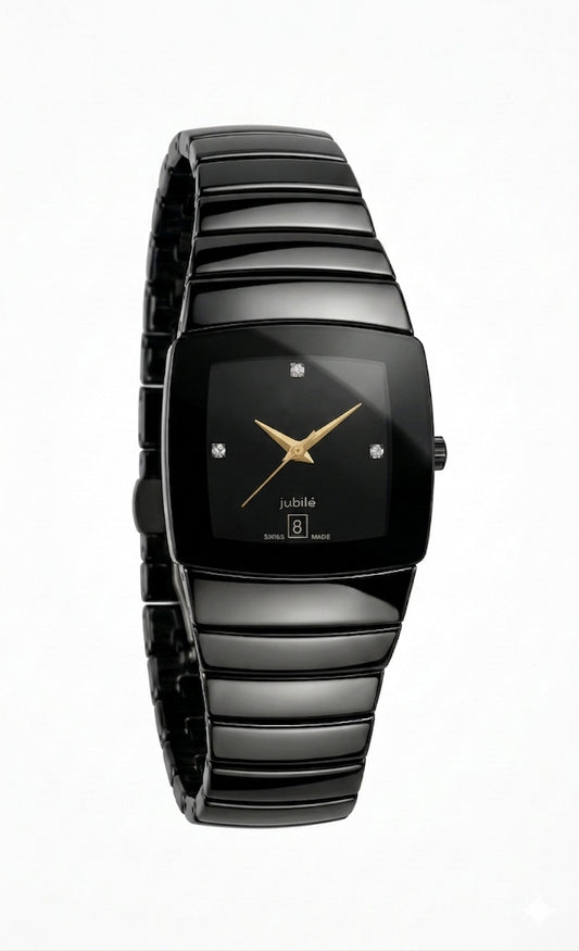 The Ankaaara Elite: Designer Square Ceramic Watch with Gold Accents & Diamond Hour Markers