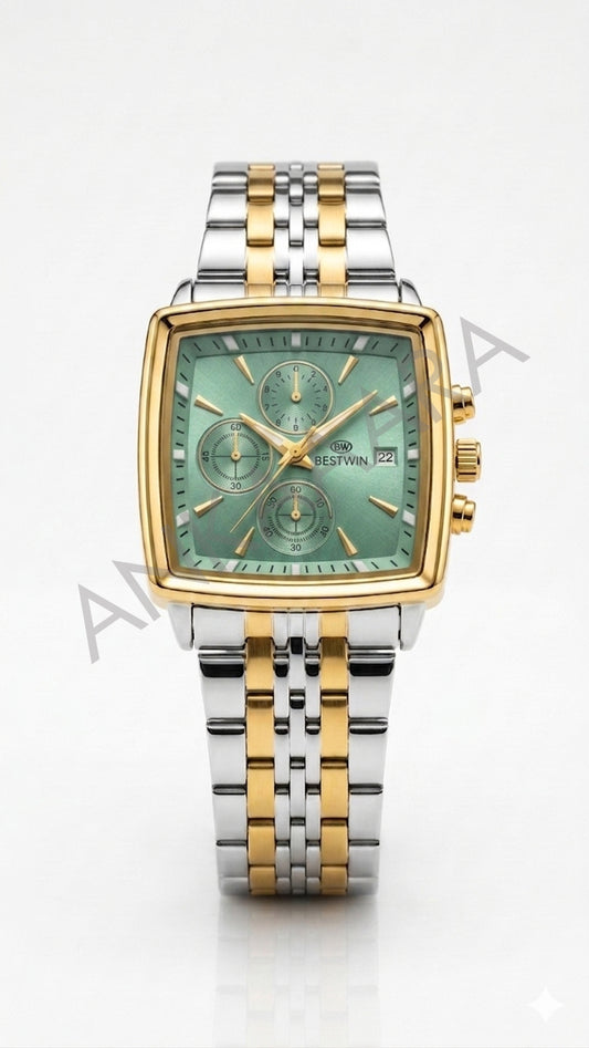 Ankaaara Heritage Square Chronograph – Sage Green & Gold Two-Tone