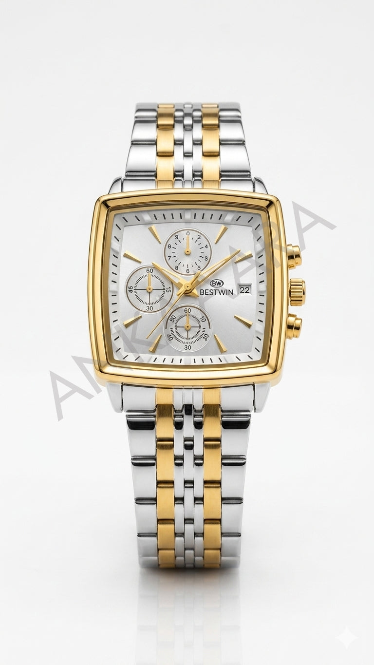 Ankaaara Classic Square Chronograph – Pearl Silver & Gold Two-Tone