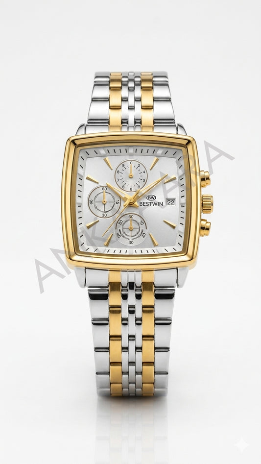 Ankaaara Classic Square Chronograph – Pearl Silver & Gold Two-Tone