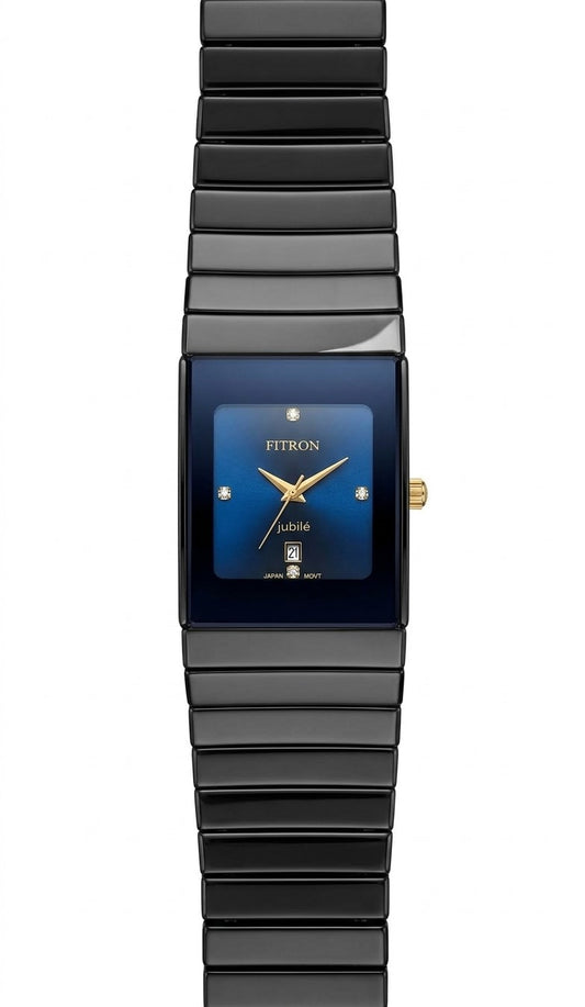 FITRON Black Ceramic Jubilé Men's Watch – Diamond Studded Dial, Gold Accents