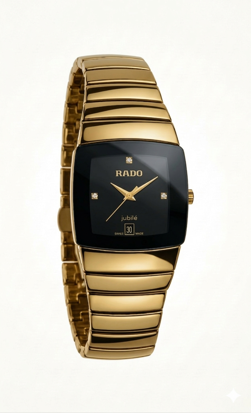 Men's High-Polish Black Border Gold Square Watch – Champagne Dial & Diamond Markers