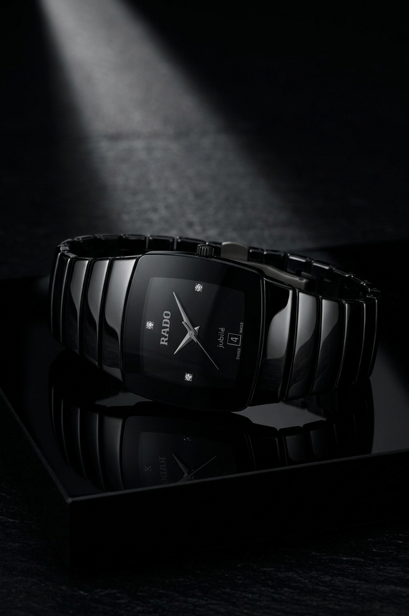 Men's All-Black High-Gloss Watch – Ceramic Look with Diamond Dial