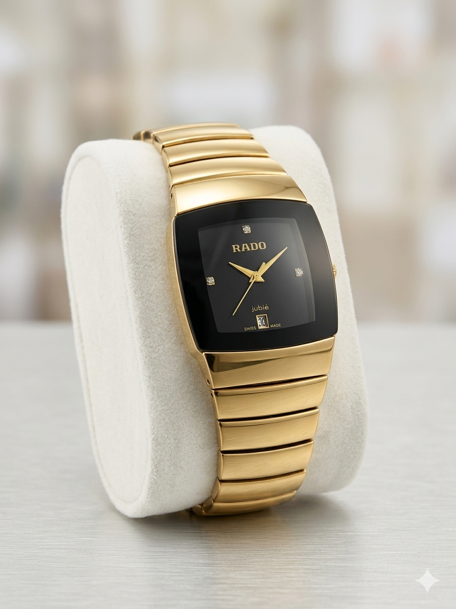 Men's High-Polish Black Border Gold Square Watch – Champagne Dial & Diamond Markers