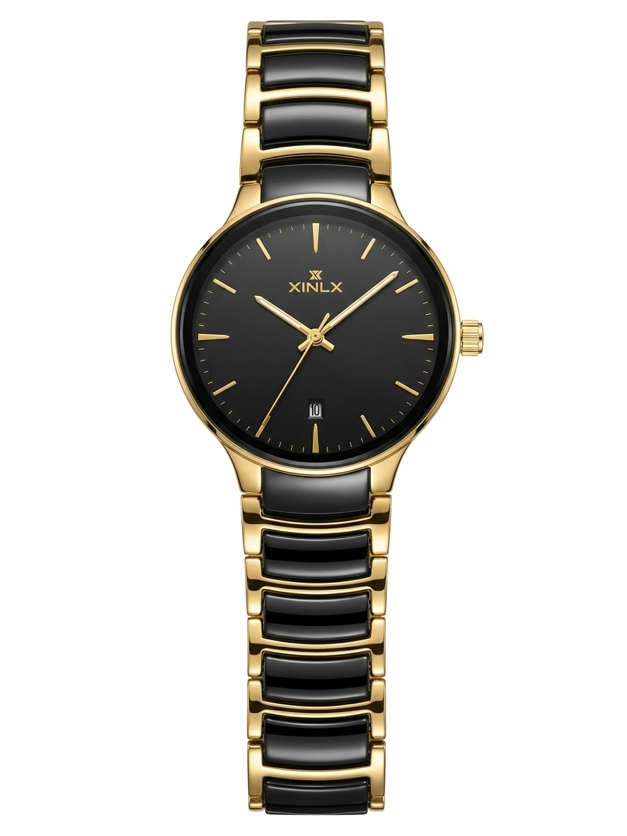 Xenlex Men's Gold Stainless Steel Watch with Black Inlay Links & Date Window