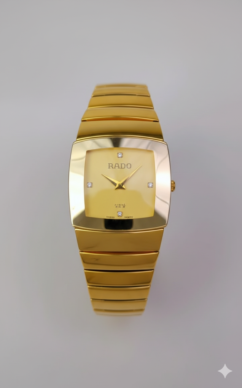 Men's High-Polish Gold Square Watch – Champagne Dial & Diamond Markers