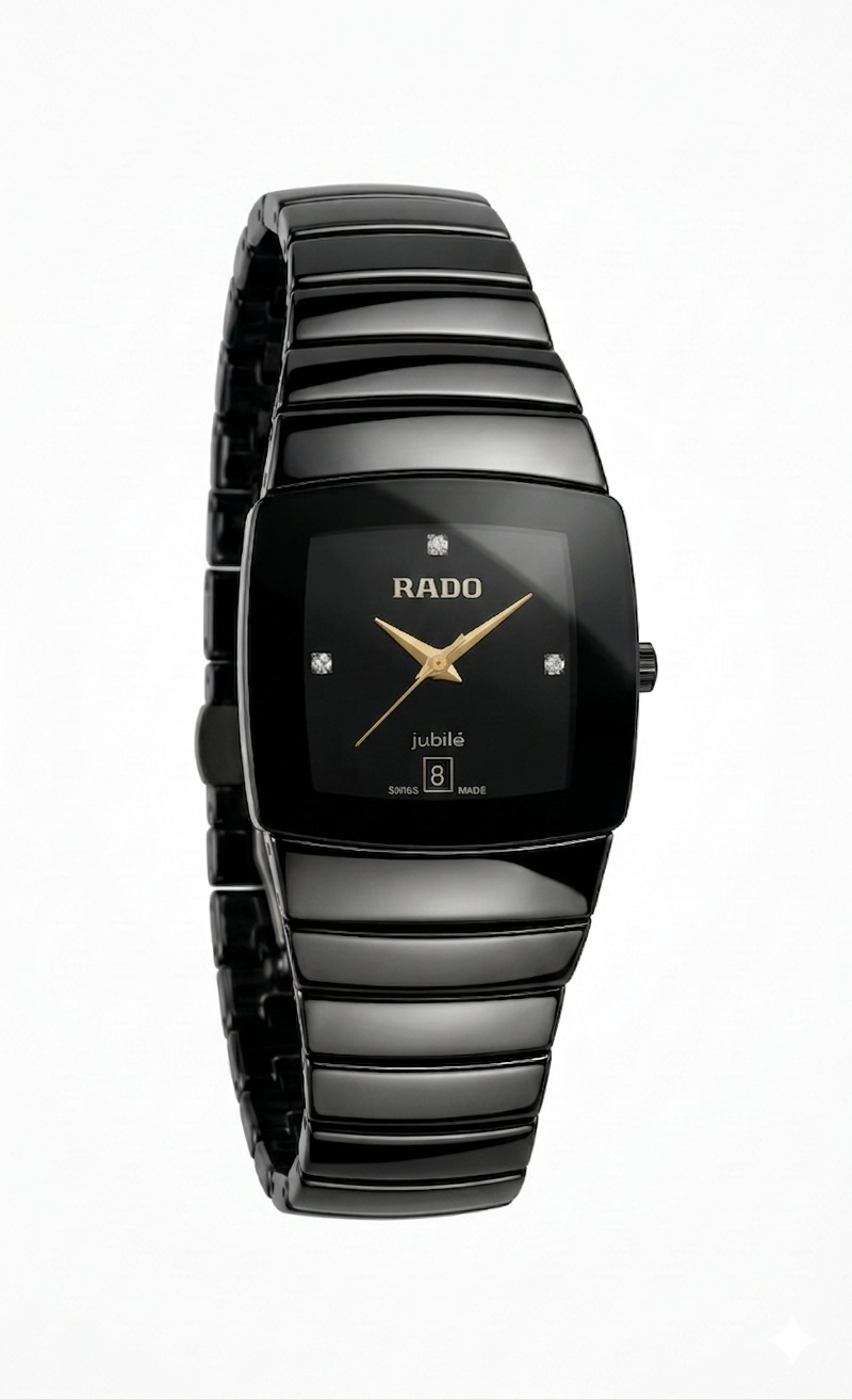 Men's All-Black High-Gloss Watch – Ceramic Look with Diamond Dial