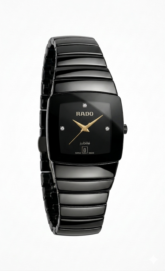 Men's All-Black High-Gloss Watch – Ceramic Look with Diamond Dial