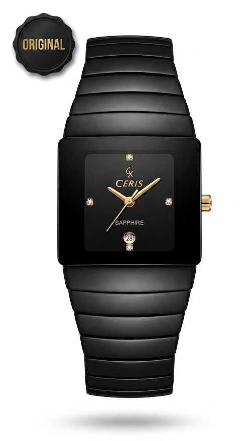 Cerix Modern Square High-Tech Black Ceramic Watch – Gold Accents & Sapphire Crystal