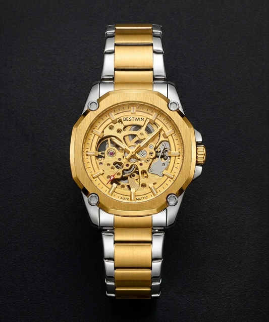 Bestwin Men's Automatic Mechanical Watch – Gold Skeleton Dial, Two-Tone Steel Bracelet
