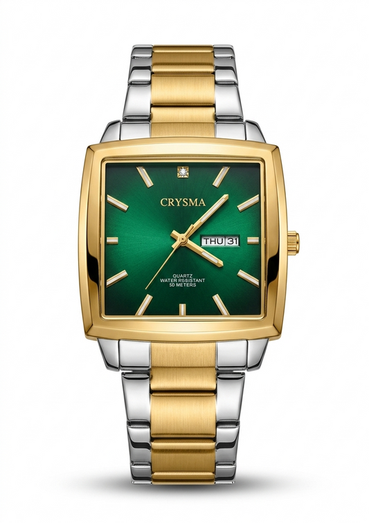 PREMIUM Square Dial Men Fashionable Chain Watch in DUAL TONE Green Dial