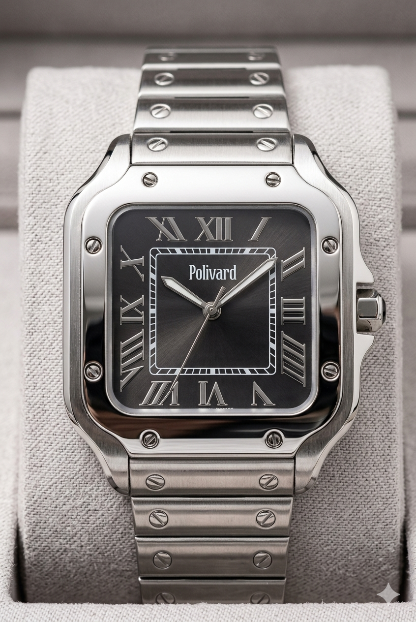 Polivard "Nuit" Santos-Style Steel & Deep Black Dial Watch