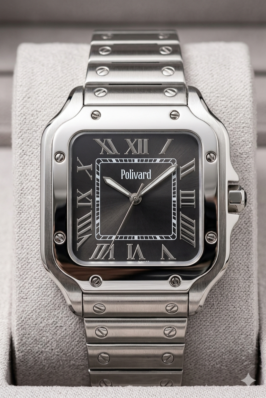 Polivard "Nuit" Santos-Style Steel & Deep Black Dial Watch