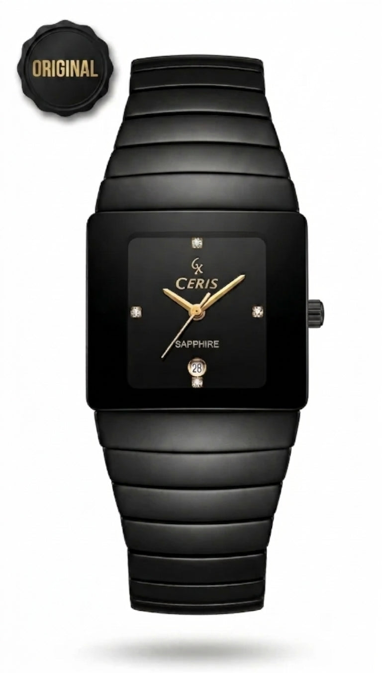 Cerix Modern Square High-Tech Black Ceramic Watch – Gold Accents & Sapphire Crystal