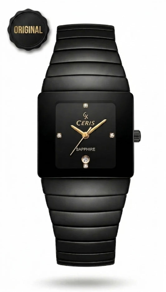 Cerix Modern Square High-Tech Black Ceramic Watch – Gold Accents & Sapphire Crystal