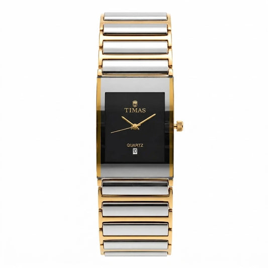Timas Luxe Ceramic Series (Quartz) | Premium Minimalist Square Watch with Diamond-Cut Accents Black Dial Dual Tone